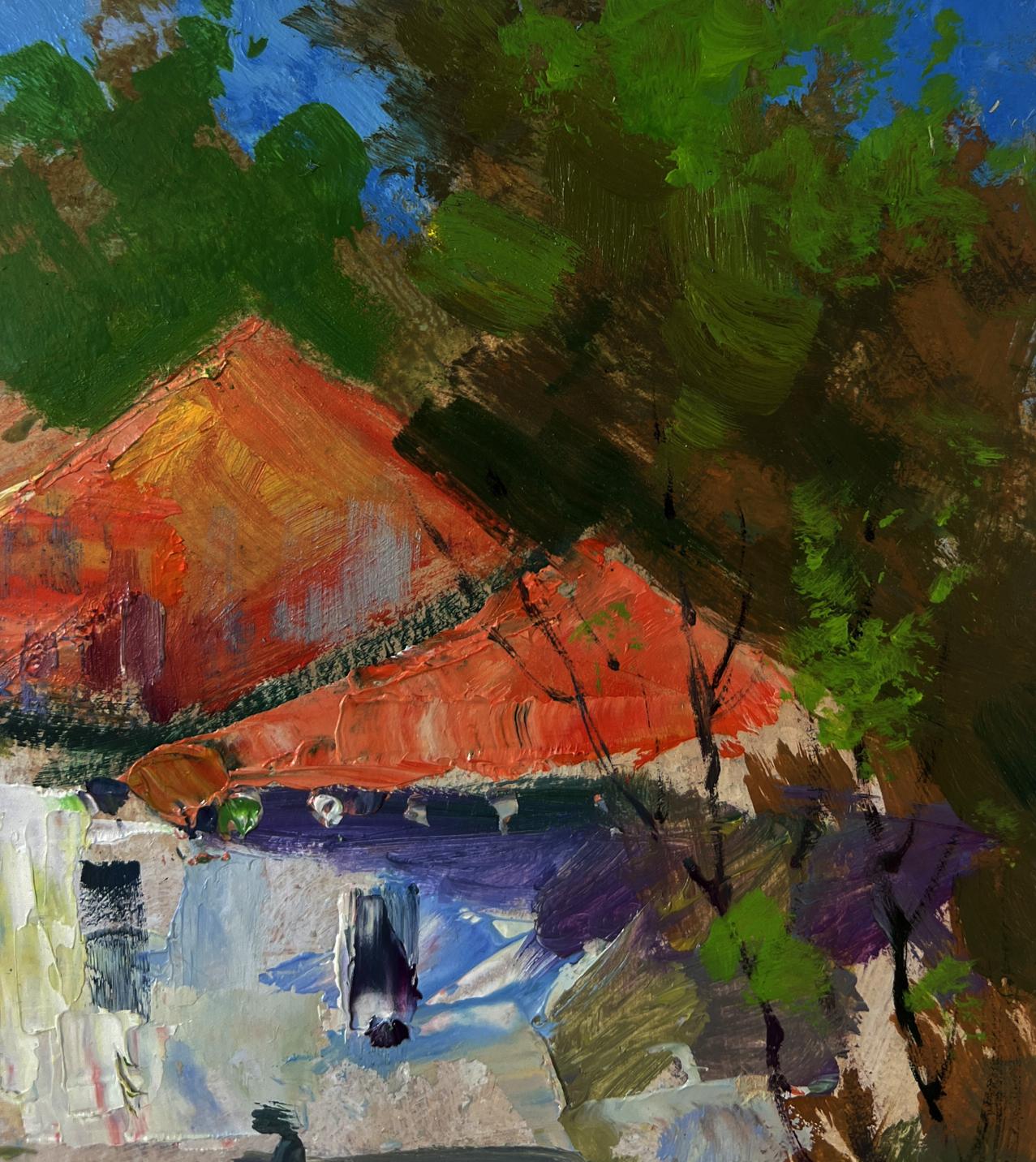 Oil painting of vibrant orange roofed city house by Yuriy Suprunchuk among lush trees