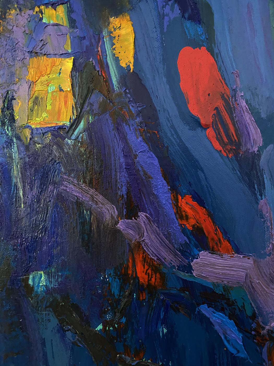 Oil painting In the shade of the sedges by Oleksiy Ivanyuk with blue orange yellow strokes