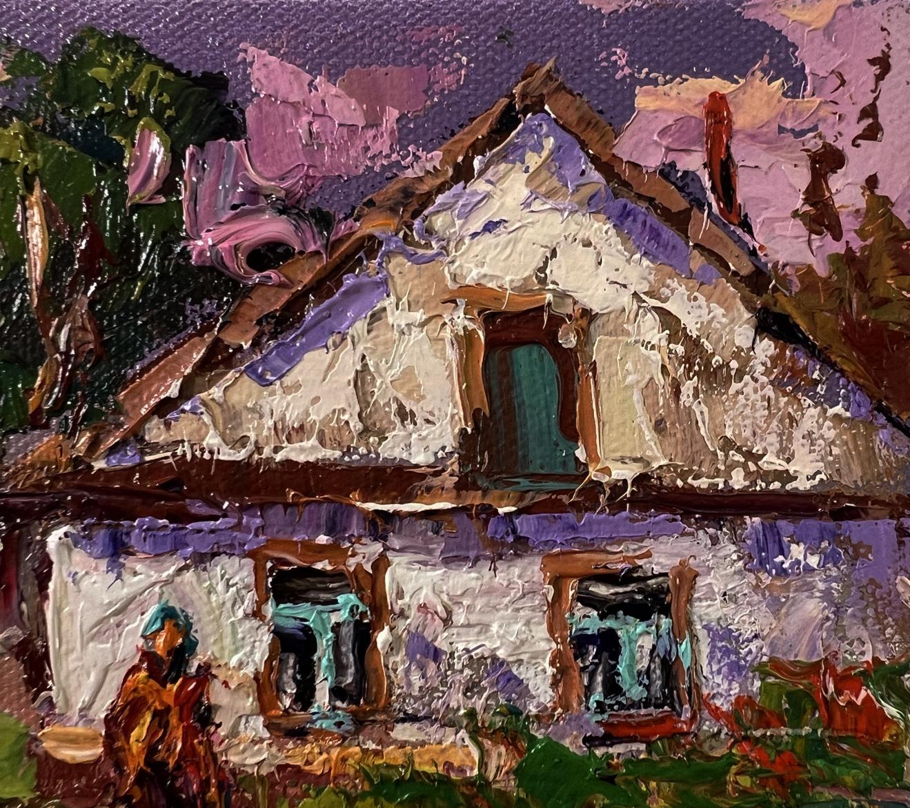 Oil painting of pink sunset over rustic village house by Oksana Ivanyuk