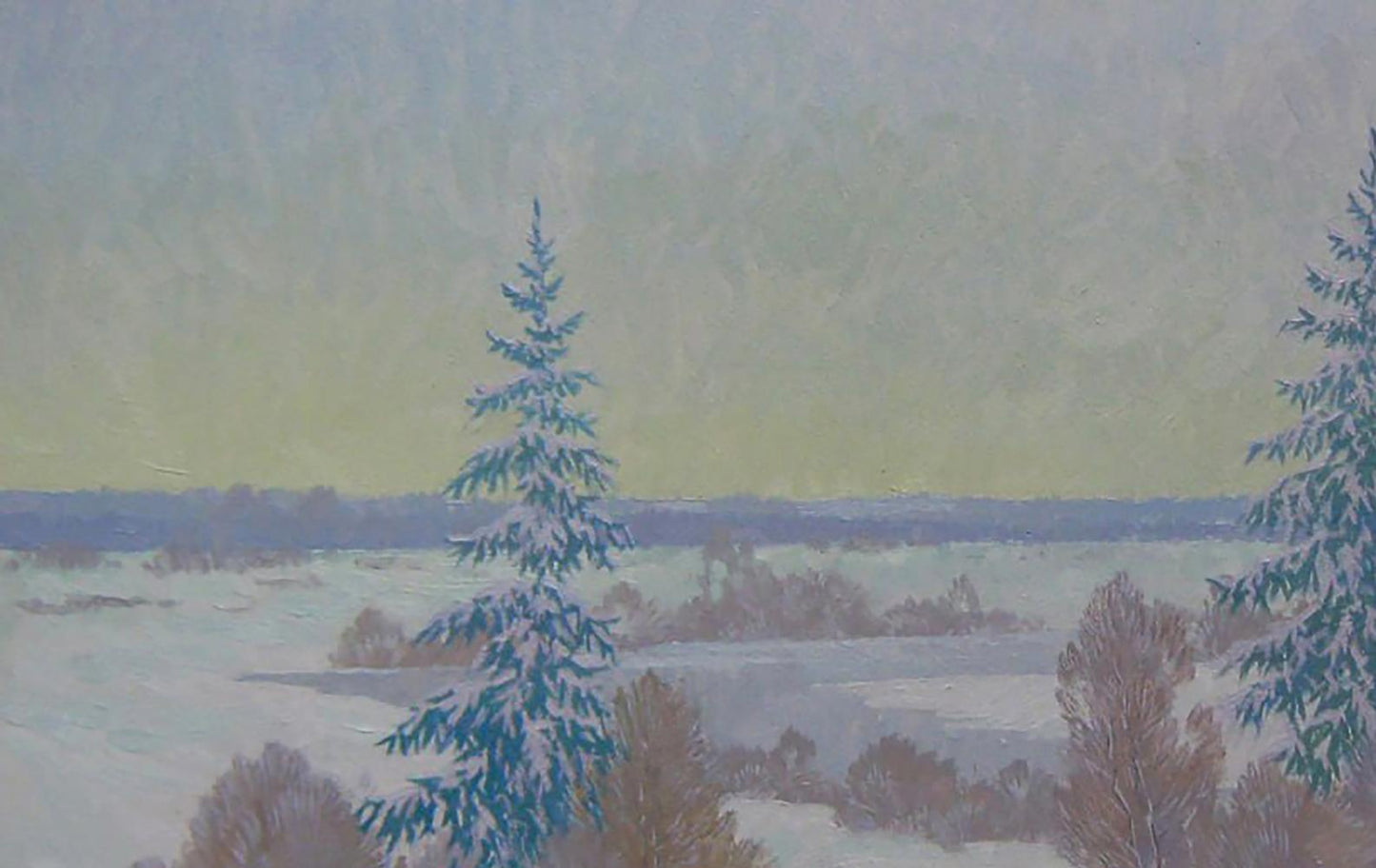 Oil painting of snow-dusted evergreen after night storm by Valery Savenets