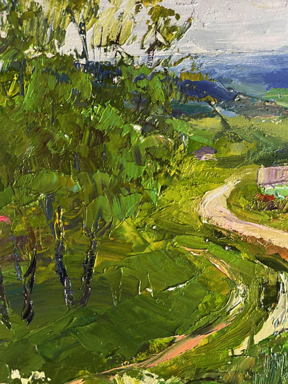 Oil painting A wavy road in the mountains by Boris Serdyuk with vibrant green hills