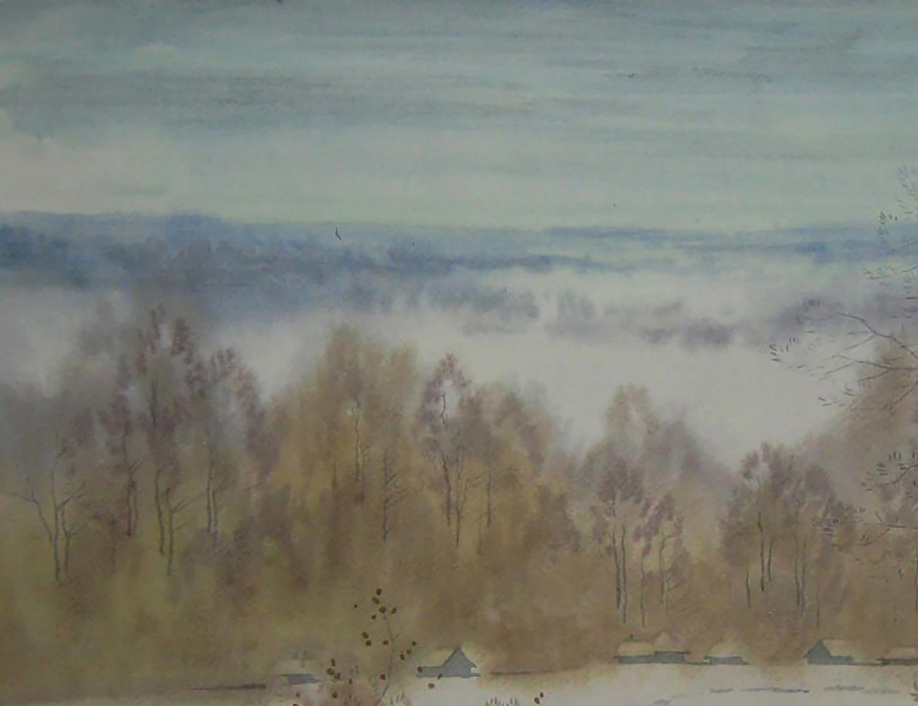 Watercolor painting First snow by Valery Savenets misty hills autumn trees