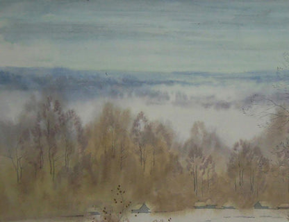 Watercolor painting First snow by Valery Savenets misty hills autumn trees