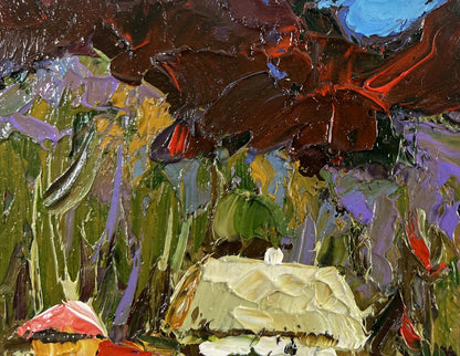 Oil painting Neighbors in the summer garden by Oleksiy Ivanyuk