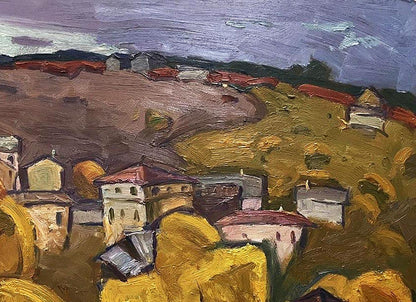 Oil painting of autumn trees village by Oleksandr Andreev