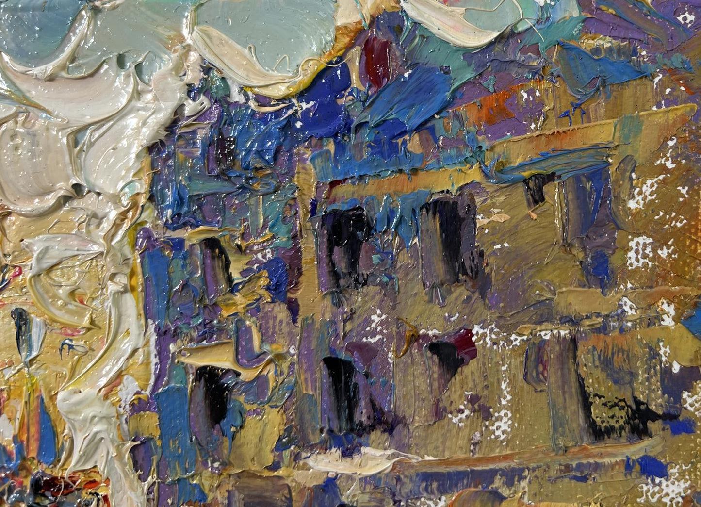 Oil painting Twilight Over the City by Oleksiy Ivanyuk in blues and golds