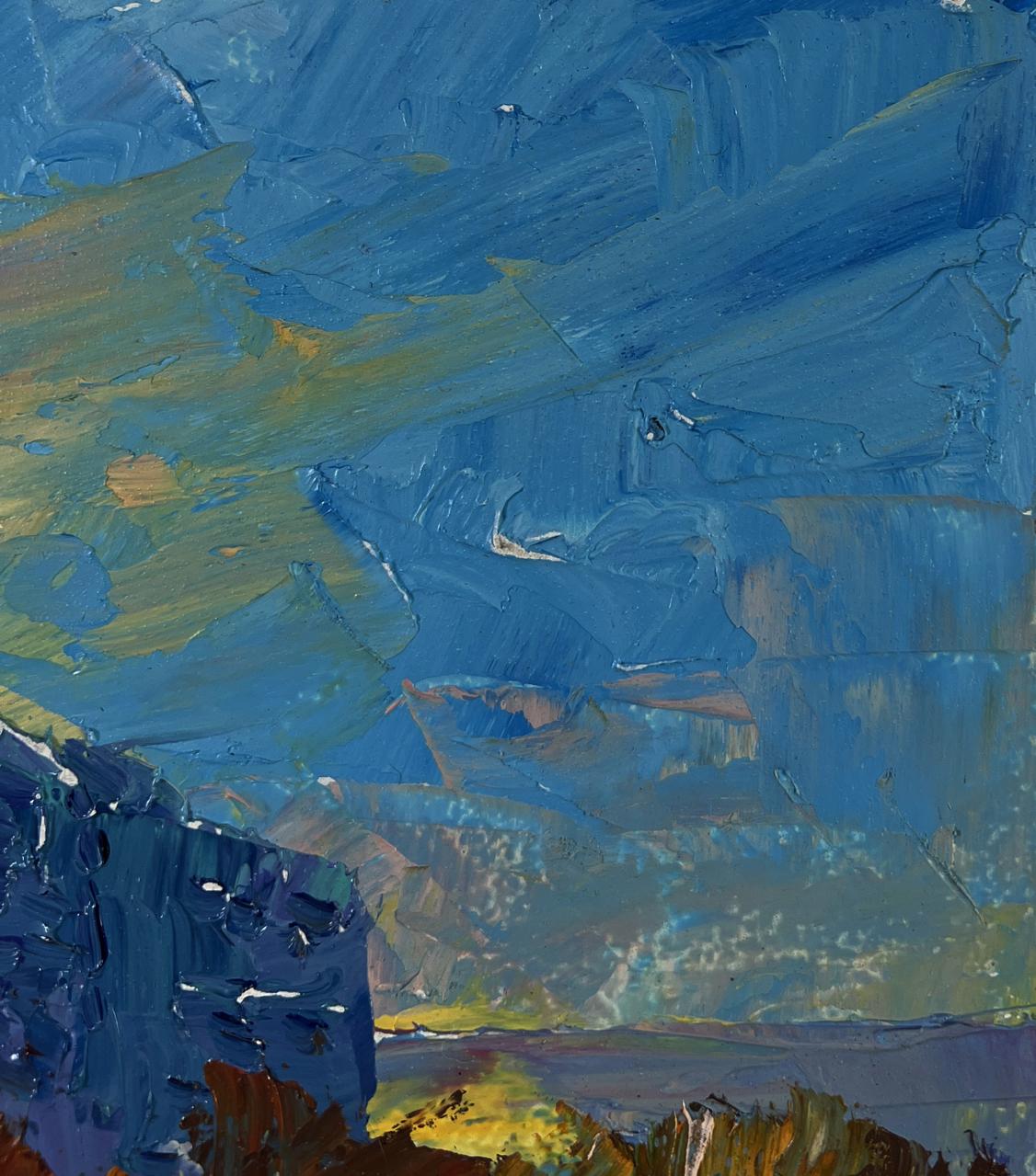 Oil painting Evening envelops the city by Boris Serdyuk with bold blue green yellow strokes