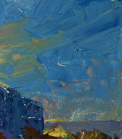 Oil painting Evening envelops the city by Boris Serdyuk with bold blue green yellow strokes