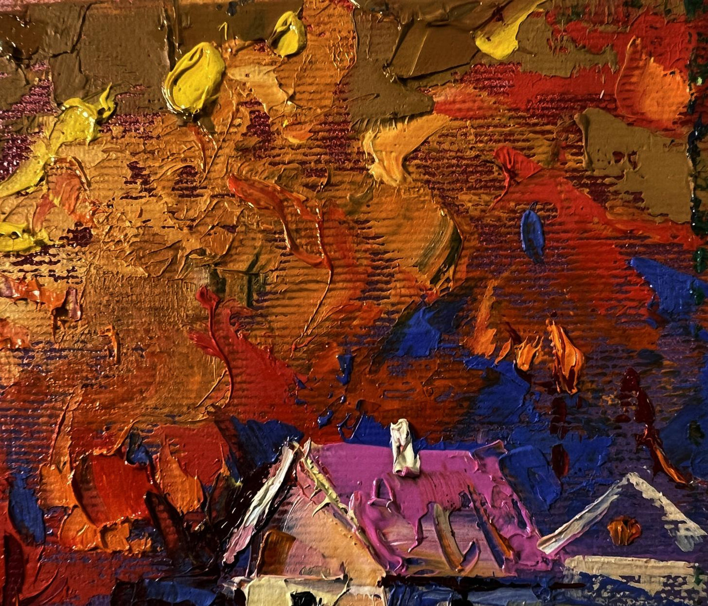 Vibrant Oleksiy Ivanyuk oil painting of moonlit night in oranges, reds, blues