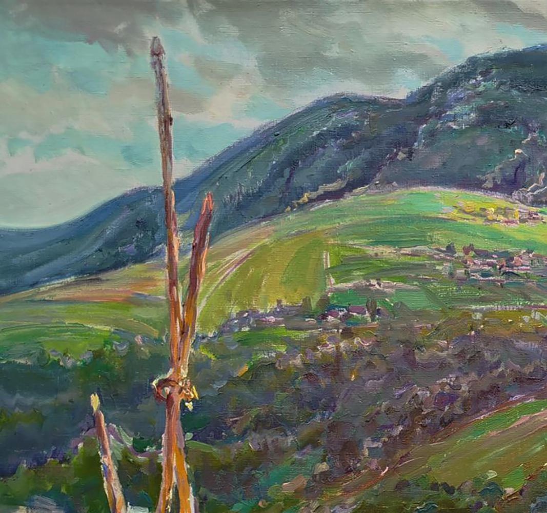 Oil painting by Leonid Pavlenko: rustic fence post, green hills, mountains