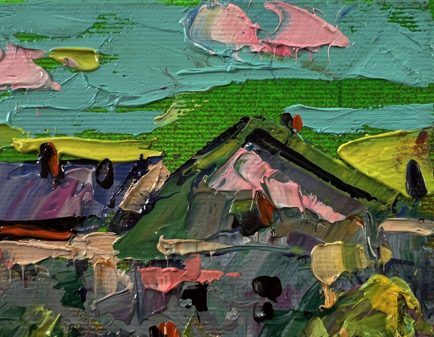 Vibrant Oleksiy Ivanyuk oil painting of village houses in teal, green, pink, yellow