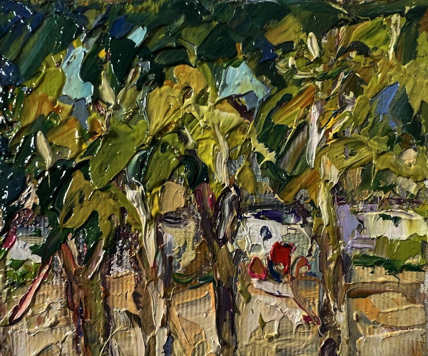 Oil painting Summer day in the village by Oksana Ivanyuk lush foliage