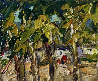 Oil painting Summer day in the village by Oksana Ivanyuk lush foliage
