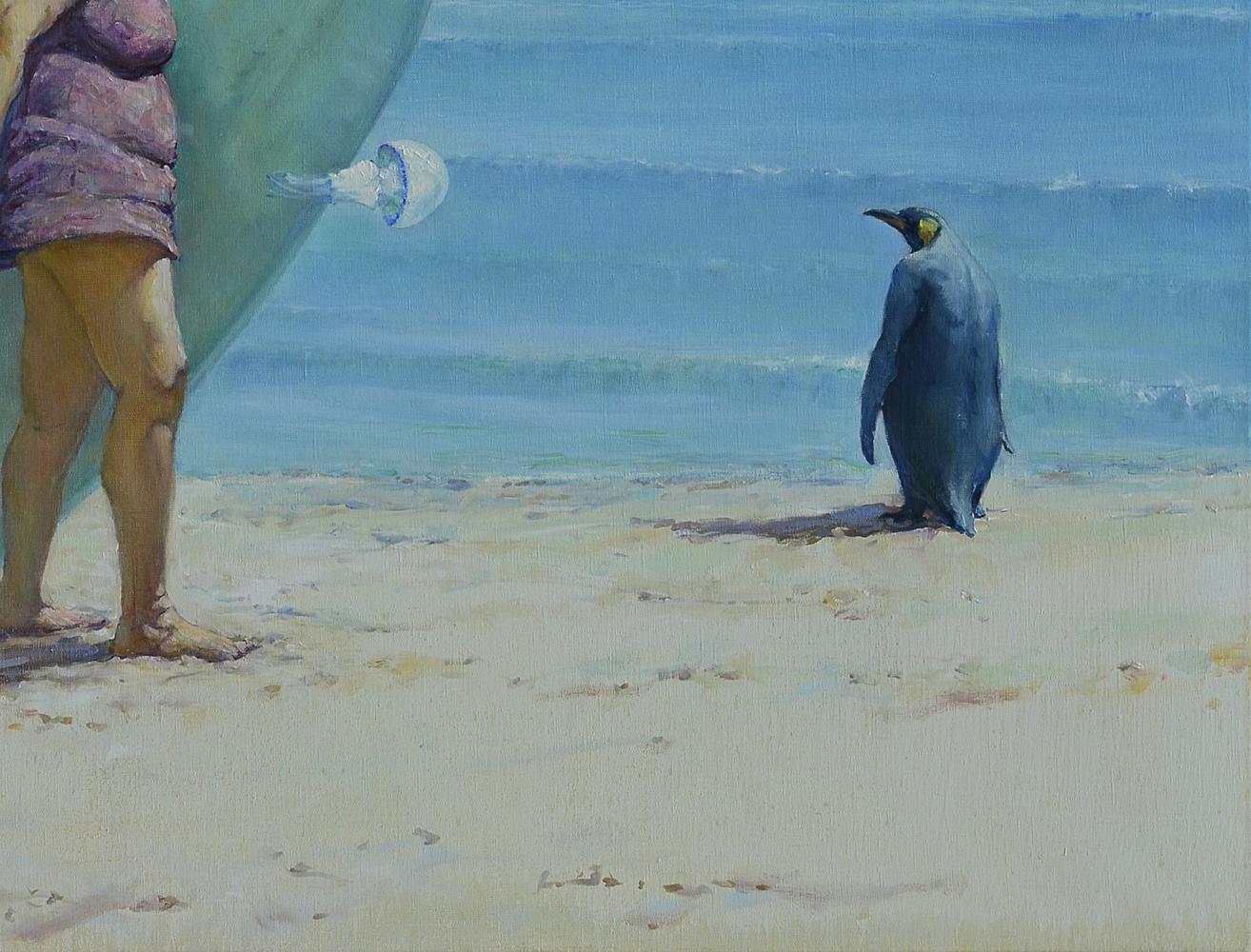 Oil painting of dark blue penguin on cold seashore by Oleg Kateryniuk
