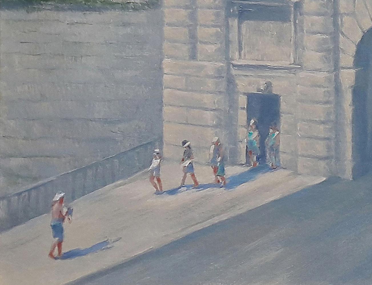 Oil painting Entering the city by Vasily Korkishko: stone archway with weathered gray blocks and dark doorway