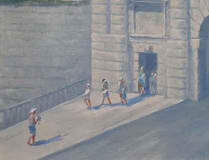Oil painting Entering the city by Vasily Korkishko: stone archway with weathered gray blocks and dark doorway