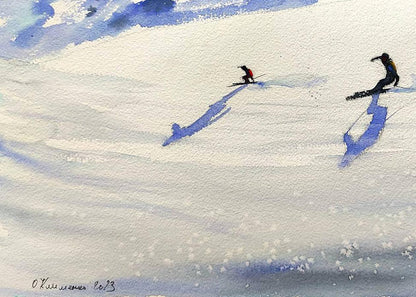 Watercolor painting Skiing Down the Winter Mountains Olena Klimenko