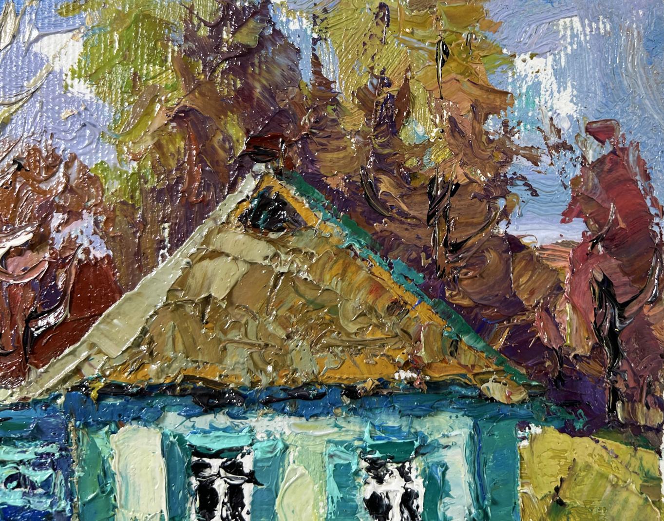 Oil painting Whispers of Spring by Oksana Ivanyuk: impressionistic house with golden-brown shingled roof and teal walls