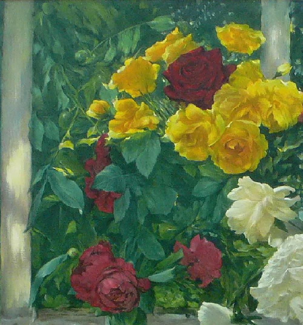 Oil painting of vibrant yellow, red, white roses by Vasily Korkishko