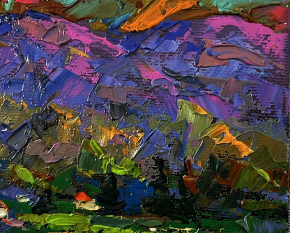 Vibrant Oleksiy Ivanyuk oil painting of rural mountains in bold hues