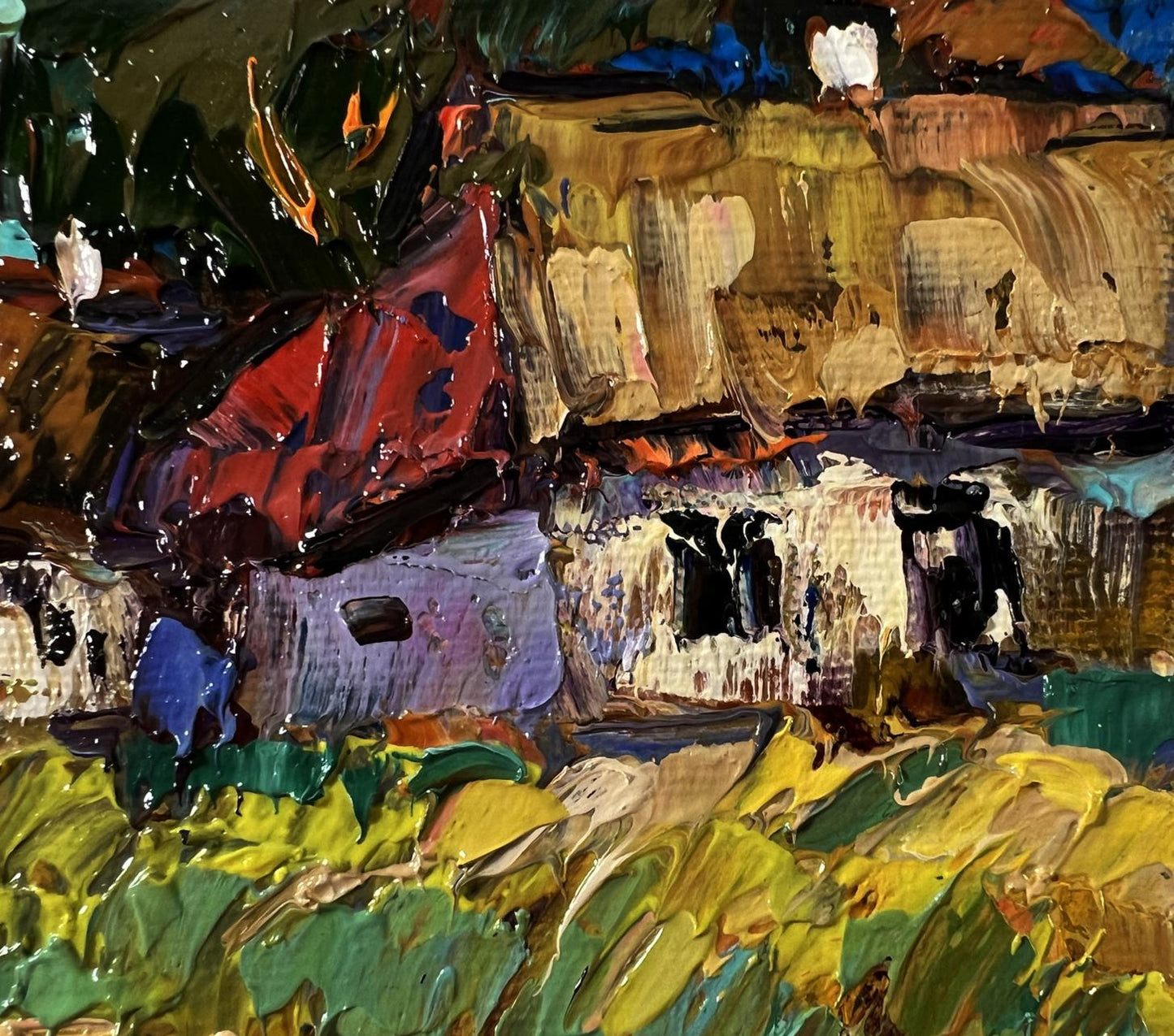 Oil painting of chickens in village yard by Oksana Ivanyuk