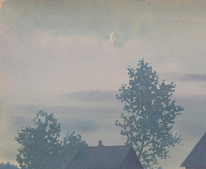 Watercolor painting of summer morning village by Valery Savenets: pale crescent moon above silhouetted trees