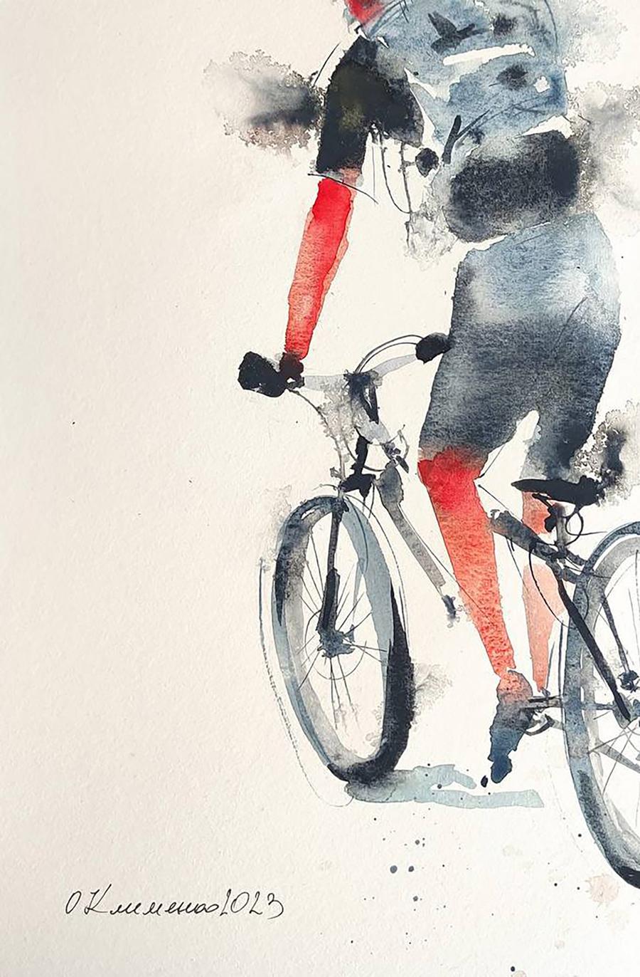 Watercolor painting Cyclist on the Road Olena Klimenko
