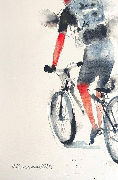 Watercolor painting Cyclist on the Road Olena Klimenko