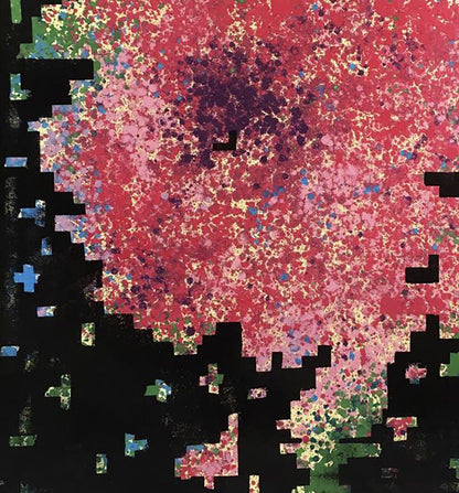 Oil painting Rose in Pixel by Natalia Korf-Ivaniuk, vibrant pink red explosion
