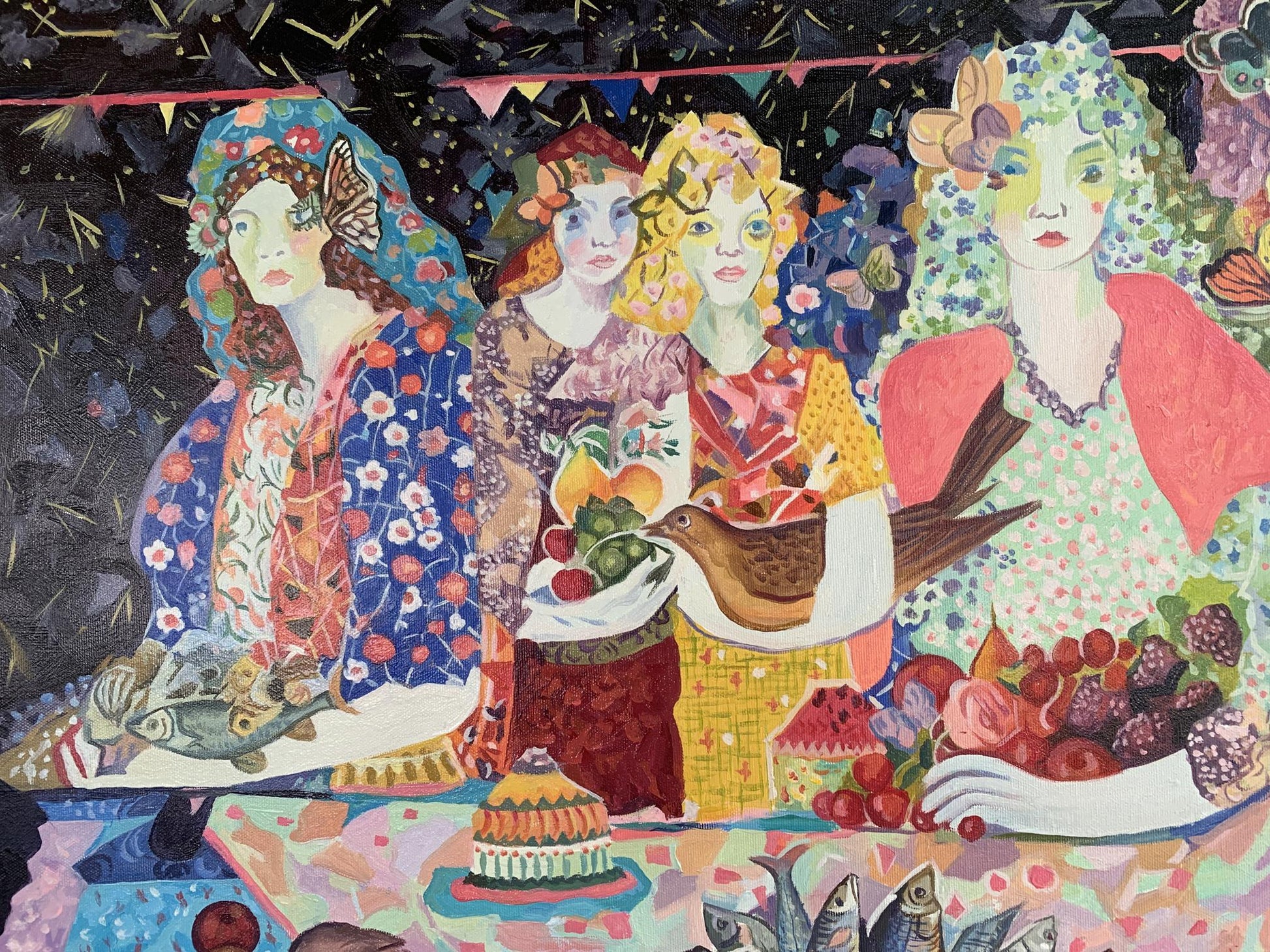 Oil painting Girls at the Table by V. Konotopsky, inspired by Maria Berrio