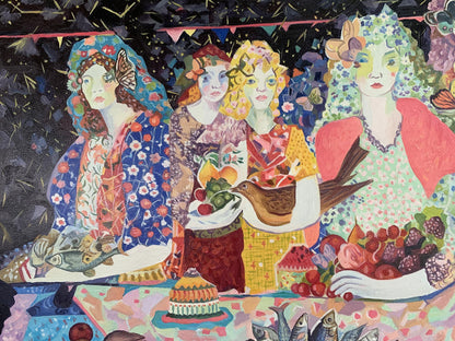 Oil painting Girls at the Table by V. Konotopsky, inspired by Maria Berrio