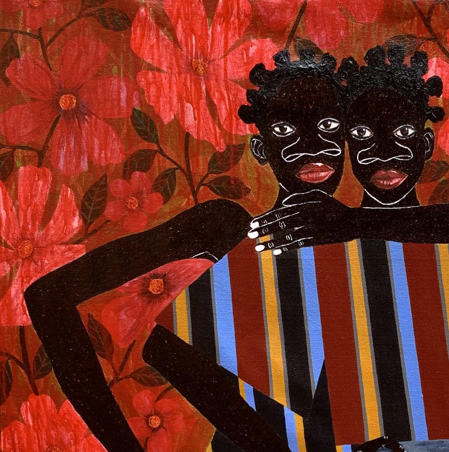 Vibrant red floral acrylic painting The Hug That Holds the World by Akintomide Akinshola