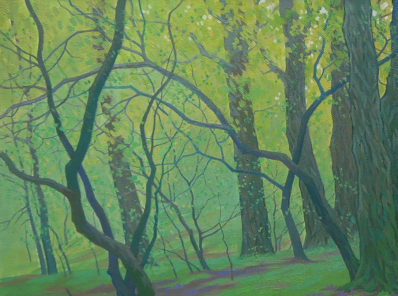 Oil painting Spring thickets by Valery Savenets: vibrant green forest scene