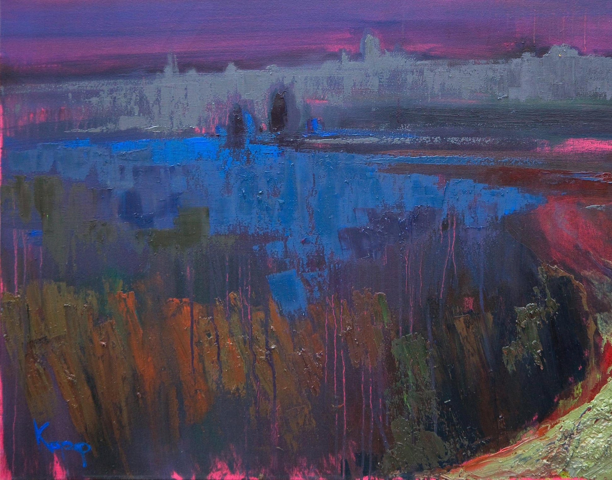 Oil painting Field In The Fog by Natalia Korf-Ivaniuk, abstract purple blue landscape