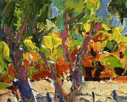 Vibrant impressionist oil painting of tree in city park by Oleksiy Ivanyuk