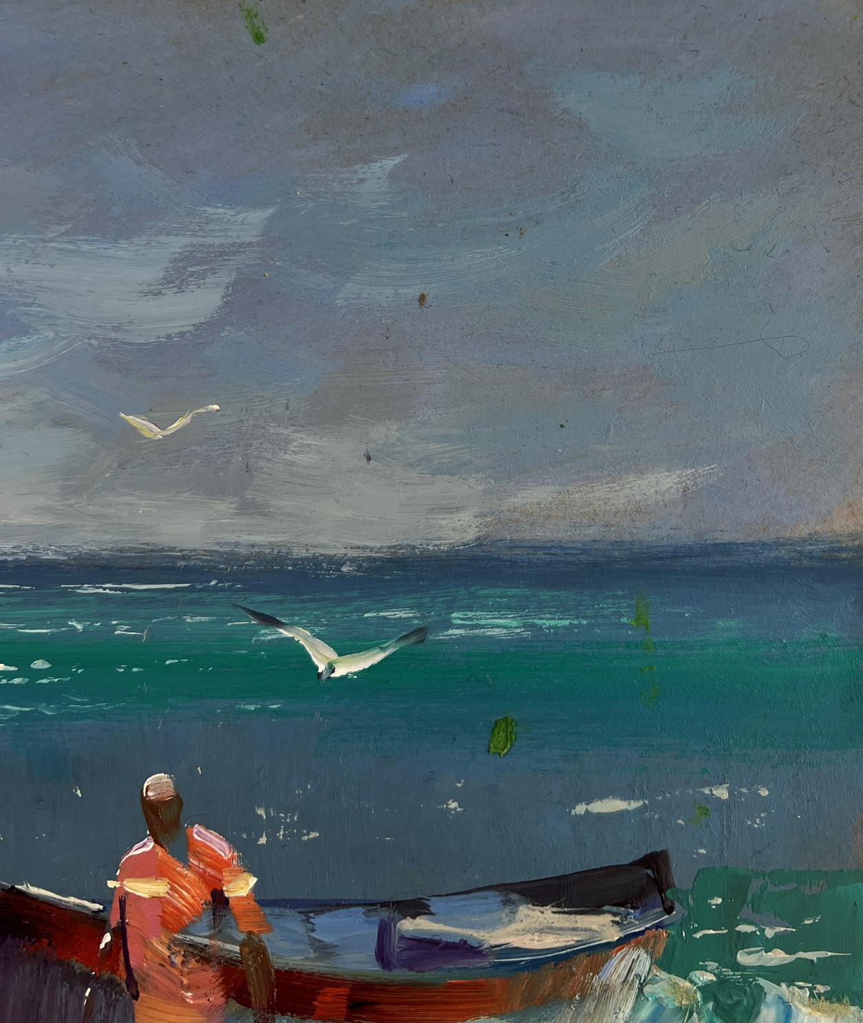 Oil painting of fisherman in striped shirt by boat on teal sea by Yuri Suprunchuk