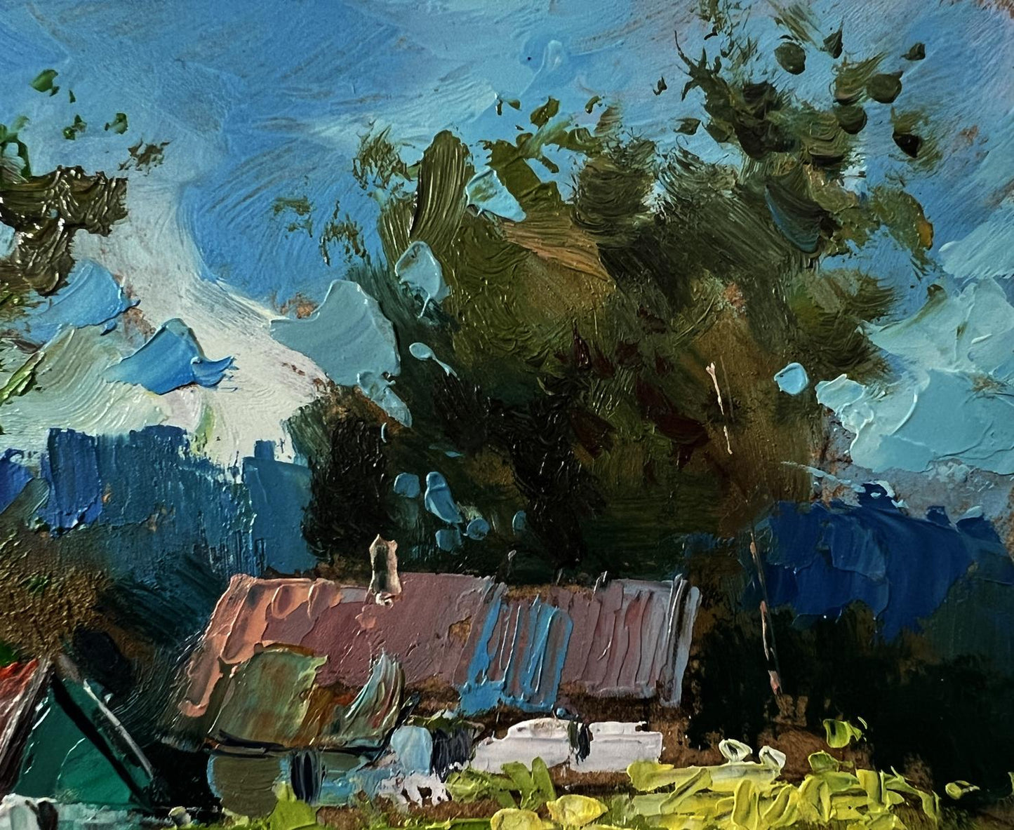 Oil painting Country walk by Yuriy Suprunchuk rustic house with red roof