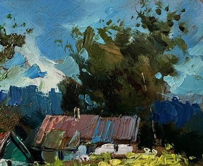 Oil painting Country walk by Yuriy Suprunchuk rustic house with red roof