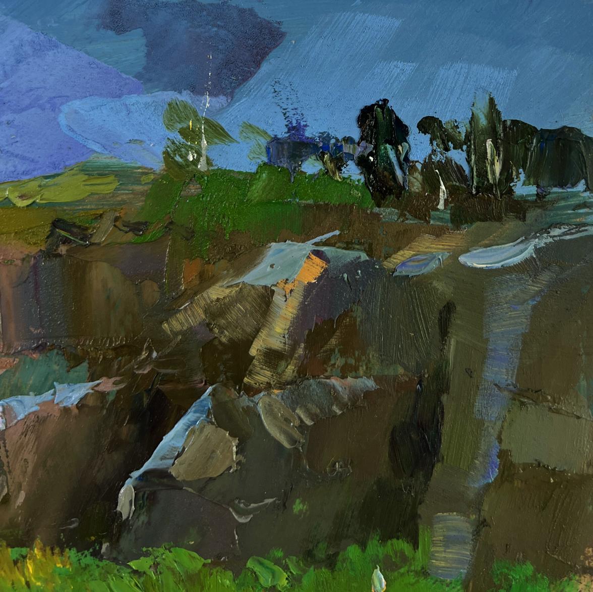 Impressionistic oil painting of river through rocky cliffs by Yuriy Suprunchuk