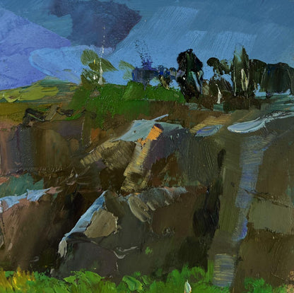 Impressionistic oil painting of river through rocky cliffs by Yuriy Suprunchuk