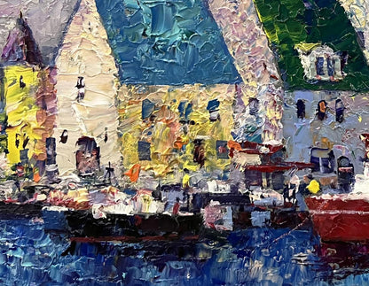 Vibrant impressionist oil painting of Italian coastal houses and boats by Serhiy Rybak