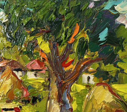 Vibrant impressionist oil painting of village yard apiary tree by Oksana Ivanyuk