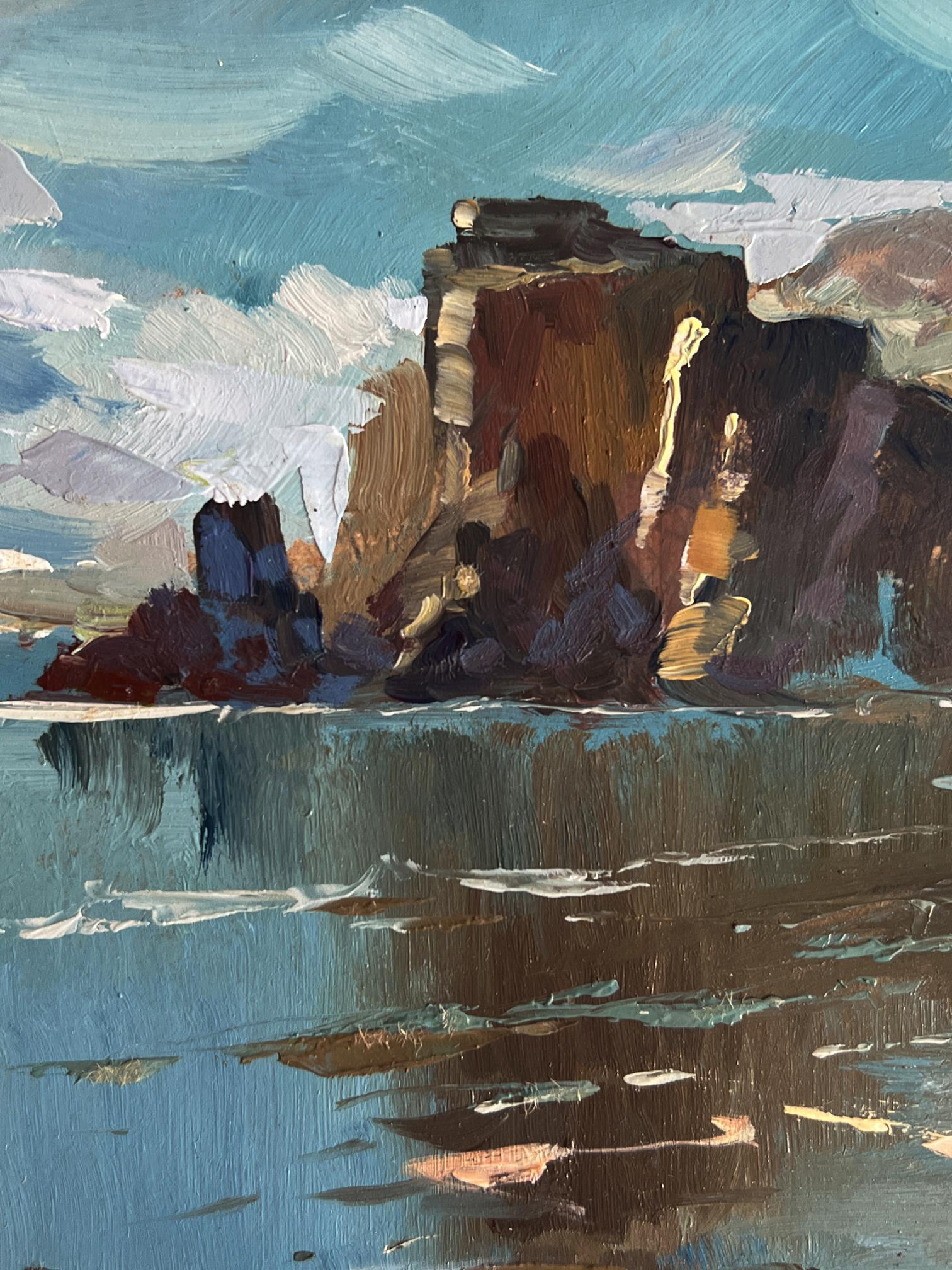 Oil painting of rugged cliffs by the coast near mountains by Yuriy Suprunchuk