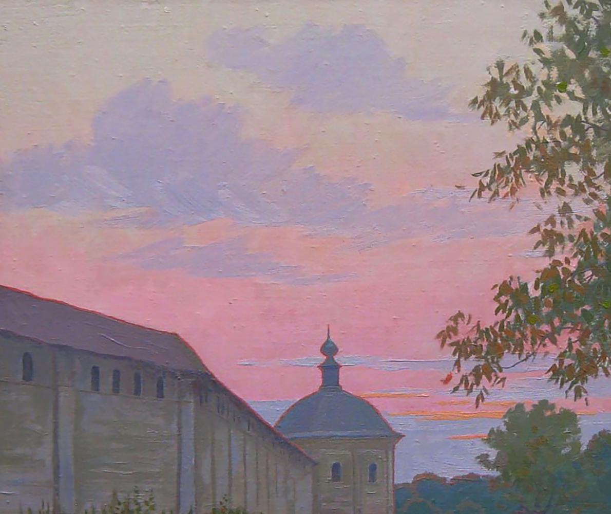 Oil painting by Valery Savenets: pastel pink lavender sky over domed stone tower
