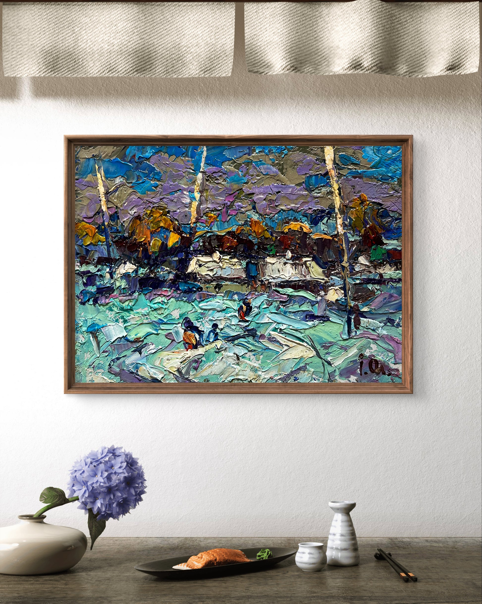 Oil painting To the house by Oleksiy Ivanyuk, vibrant impressionistic winter landscape