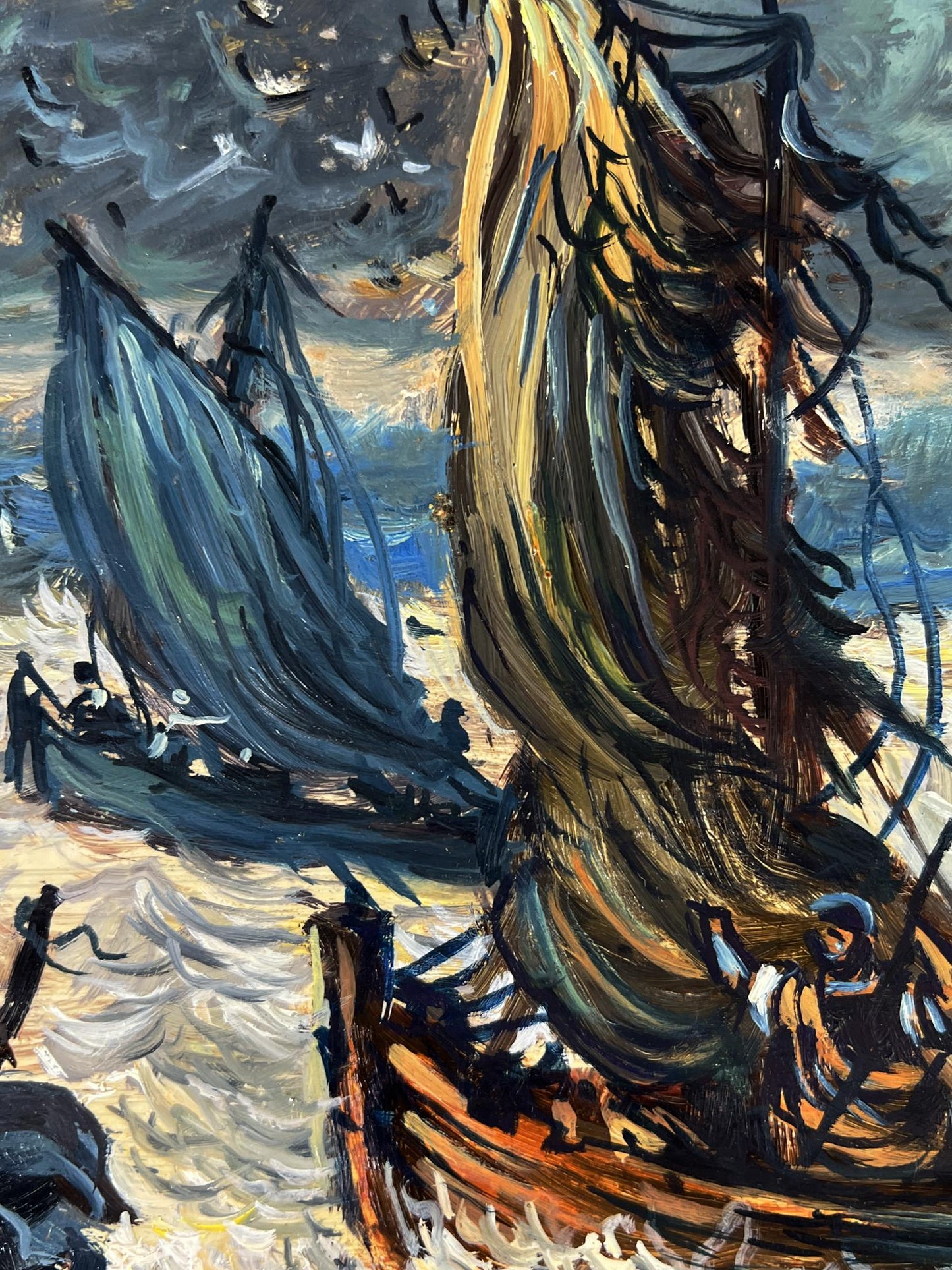 Vibrant impressionistic oil painting of Jesus by seashore with fishing boat by Alexander Litvinov