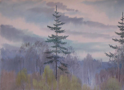Watercolor painting of tall slender evergreen in misty spring forest by Valery Savenets