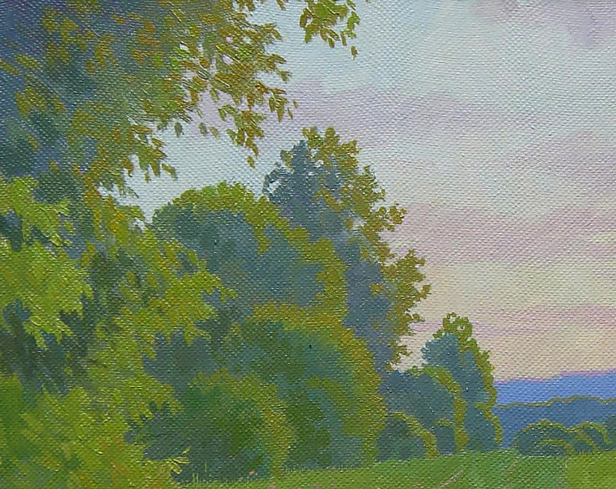 Serene oil painting by Valery Savenets: morning summer field with lush green trees