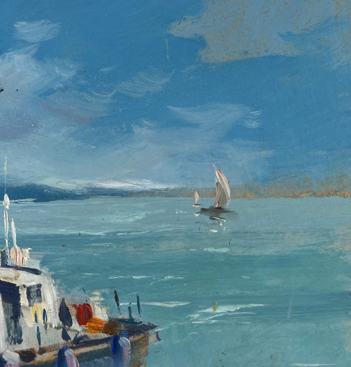 Oil painting of small sailboat on turquoise horizon by Yuriy Suprunchuk