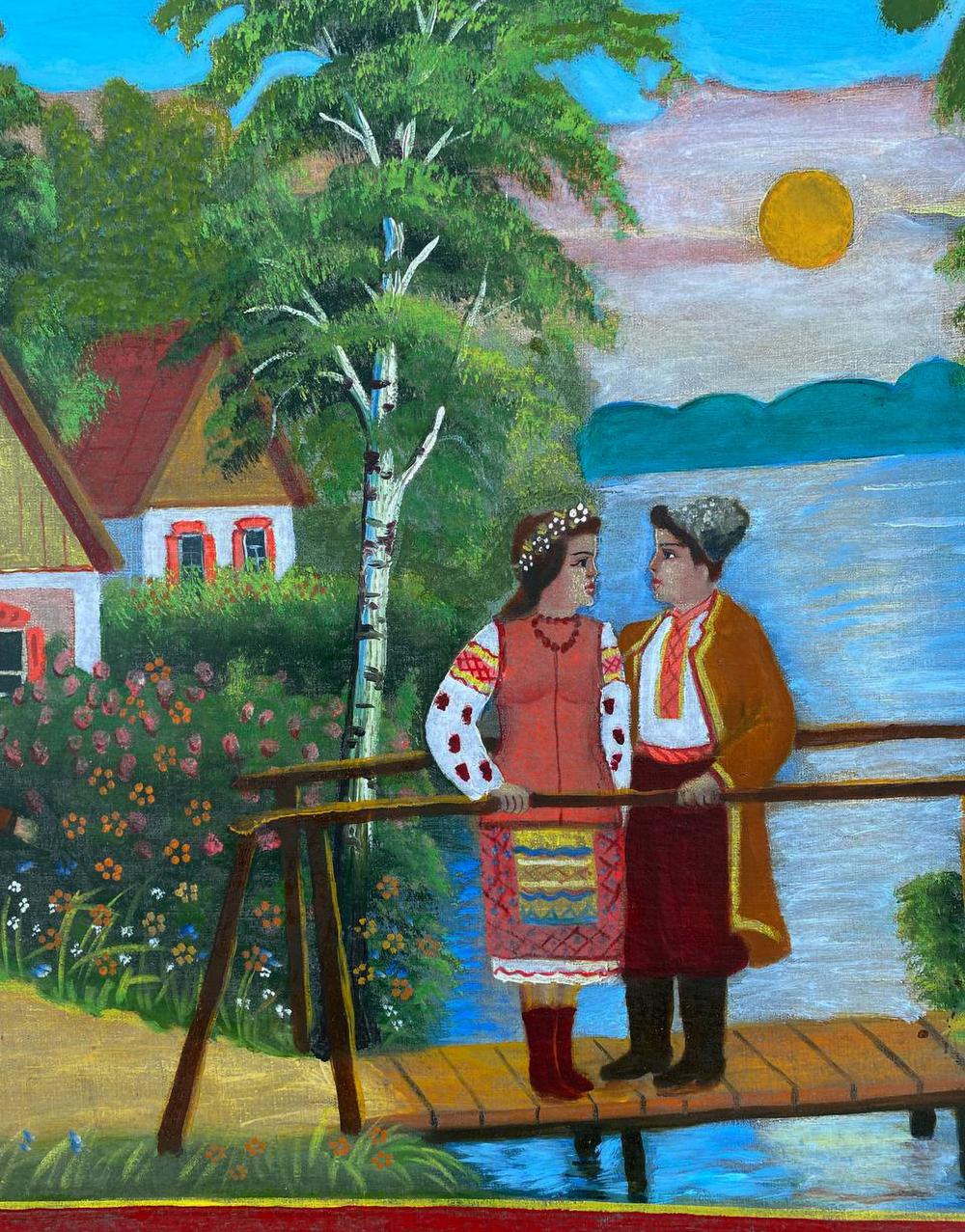 Oil painting of young couple on bridge by unknown artist